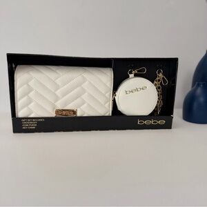 bebe Quilted White Crossbody Wallet Set with Gold Accents
